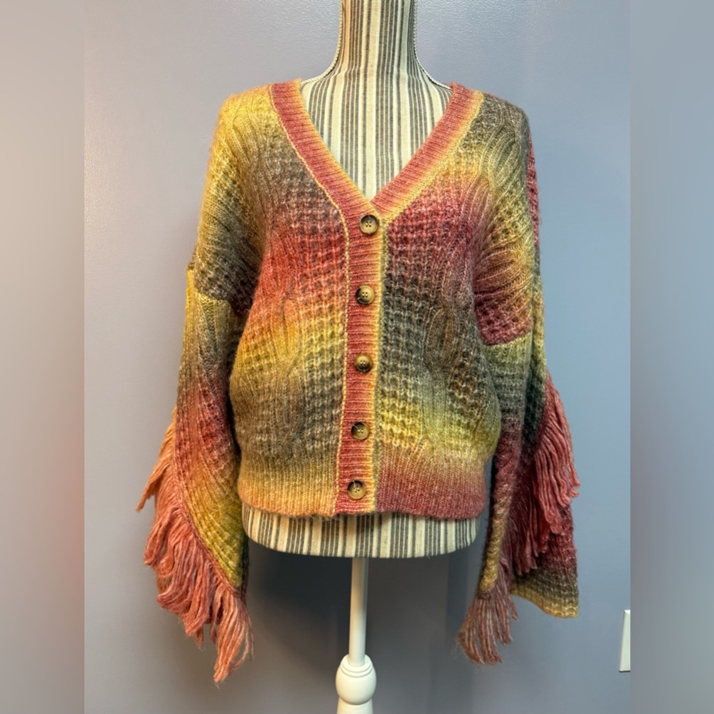 Sam Edelman Vibrant Fringe Cardigan Sweater bell sleeve wool size M - Picture 4 of 16